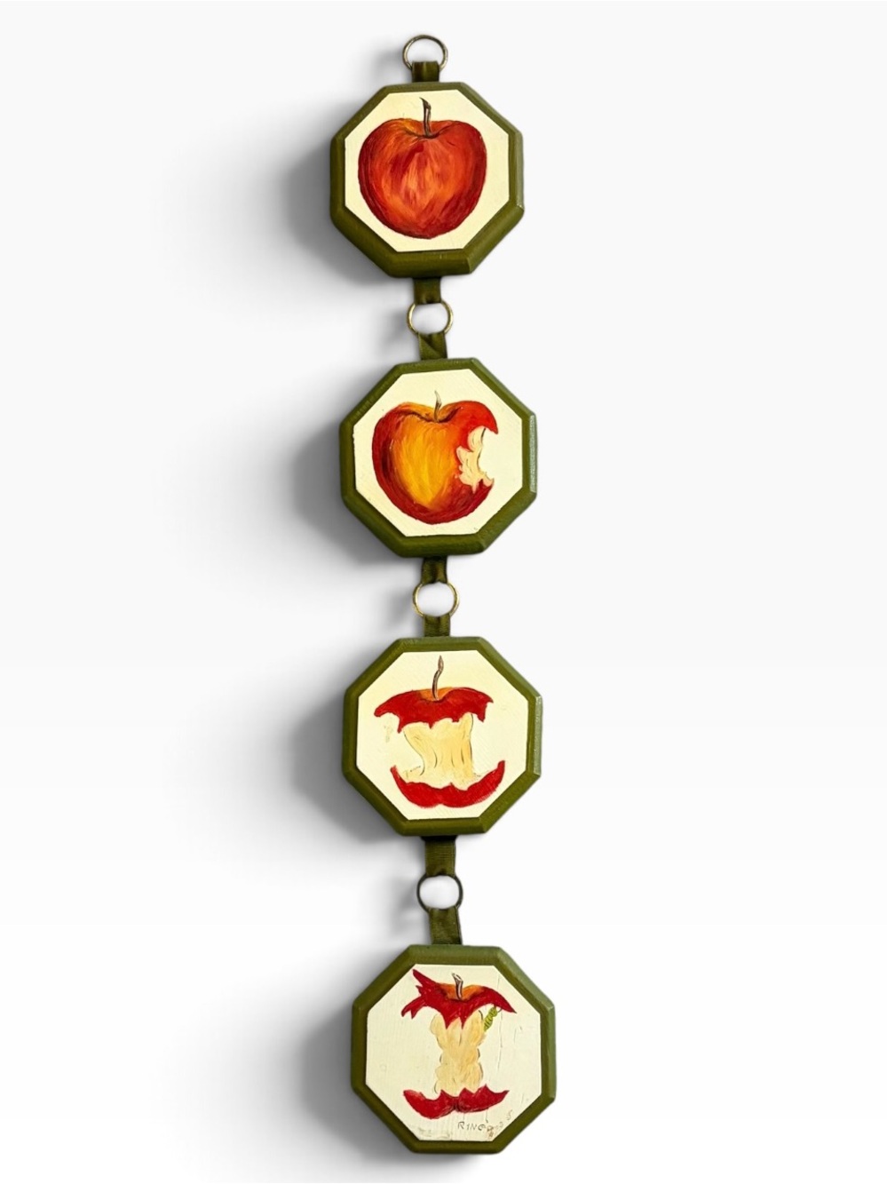 Vintage Hand-Painted Apple Wall Hanging in Olive Green and Red